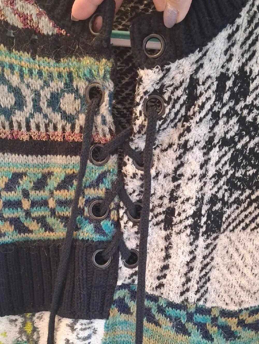 Free People Multi-Pattern Multi Color Patchwork Lace-Up Sweater Dress